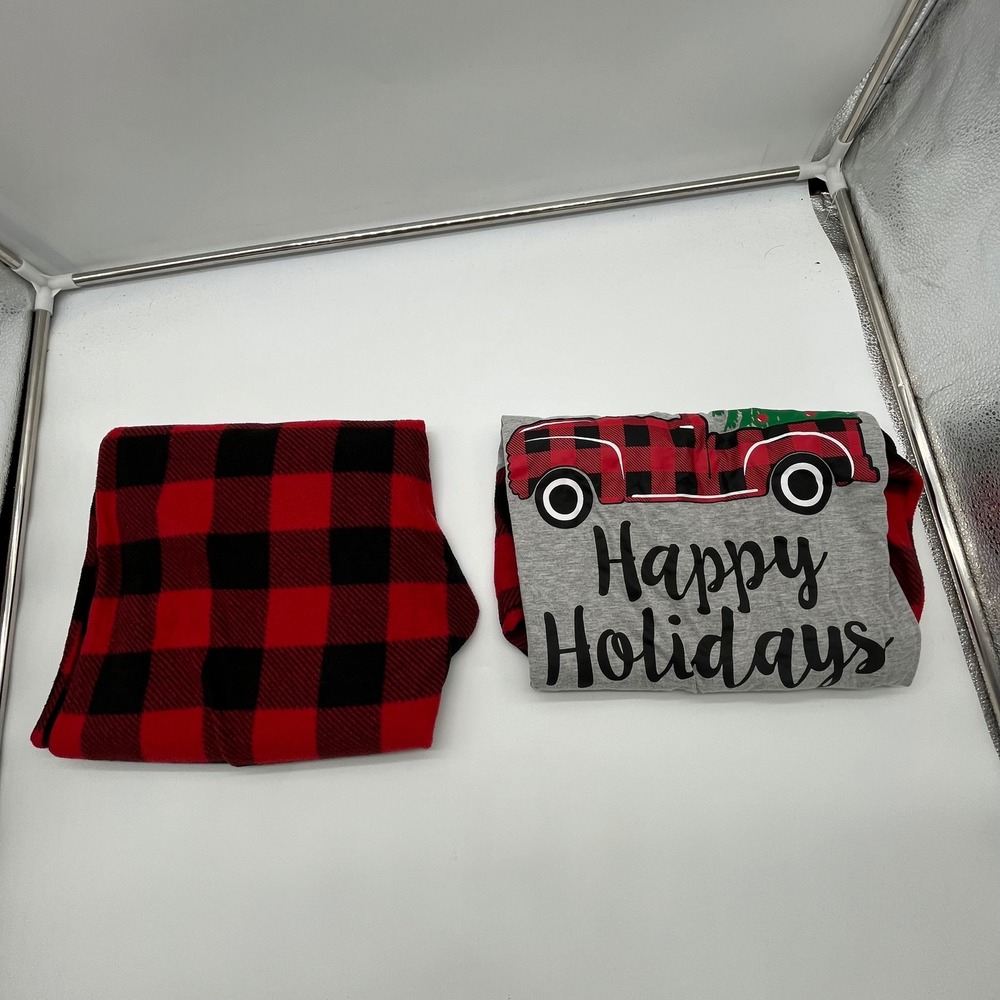Happy Holidays Buffalo Plaid Truck Pajama Set XL Gray Red Christmas Sleepwear